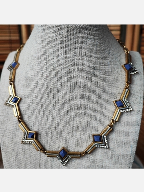 J. Crew Jewelry - J. Crew Art Deco Revival Oxidized Brass Blue Tone Stone Statement Necklace EUC